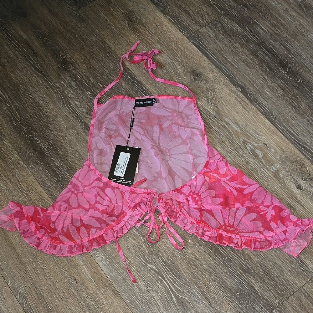 Pretty Little Thing Women's Size 10 Tall Pink Floral Print Mesh Tie Front Shirt